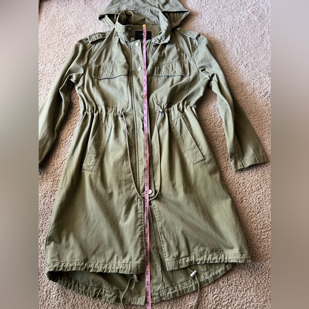 7 For All Mankind Army Green Utility Jacket Hoodie Cinch waist hem detail Sz M - Picture 11 of 11